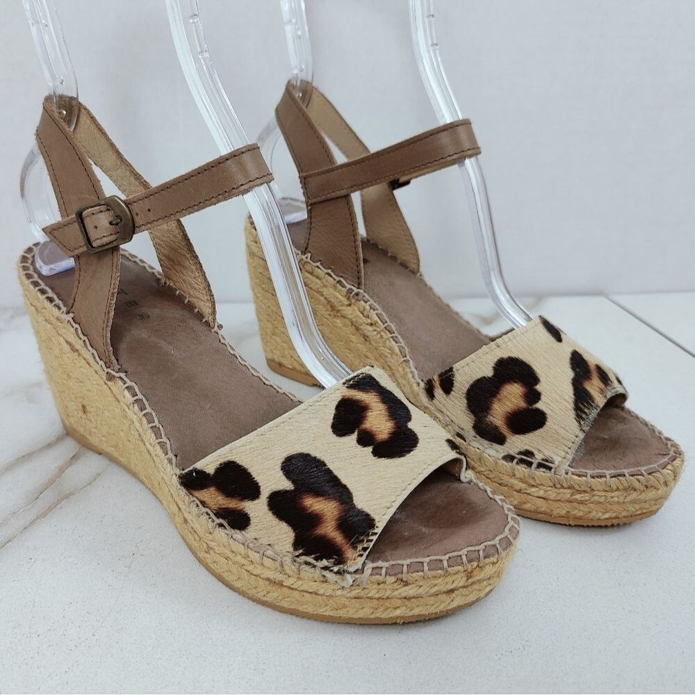 Foxter Spain Cow Hair Leopard Espadrille Platform Wedge Slingback Sandals, 7.5 - Picture 3 of 16